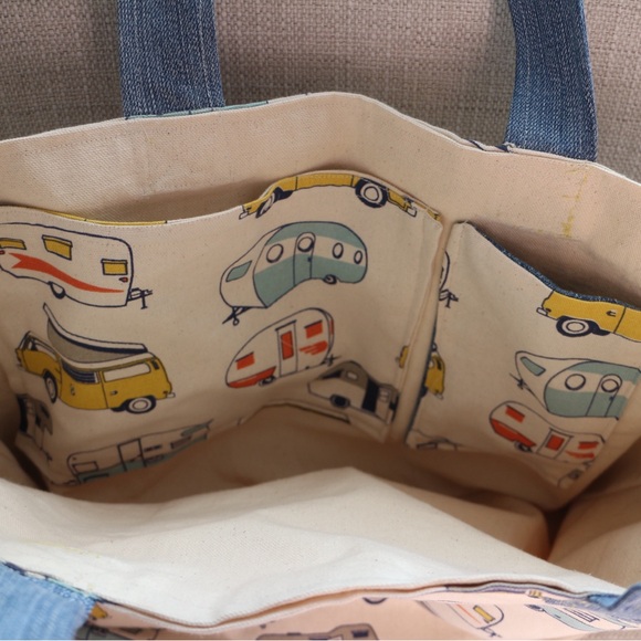 Handmade Canvas Tote Bag with Camper Print and Denim Pocket - Picture 4 of 7